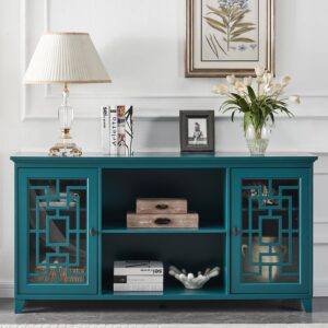 mixcept 60” sideboard buffet table storage cabinet console table with 2 doors and adjustable shelves, cupboard kitchen sideboard for kitchen dining room, teal