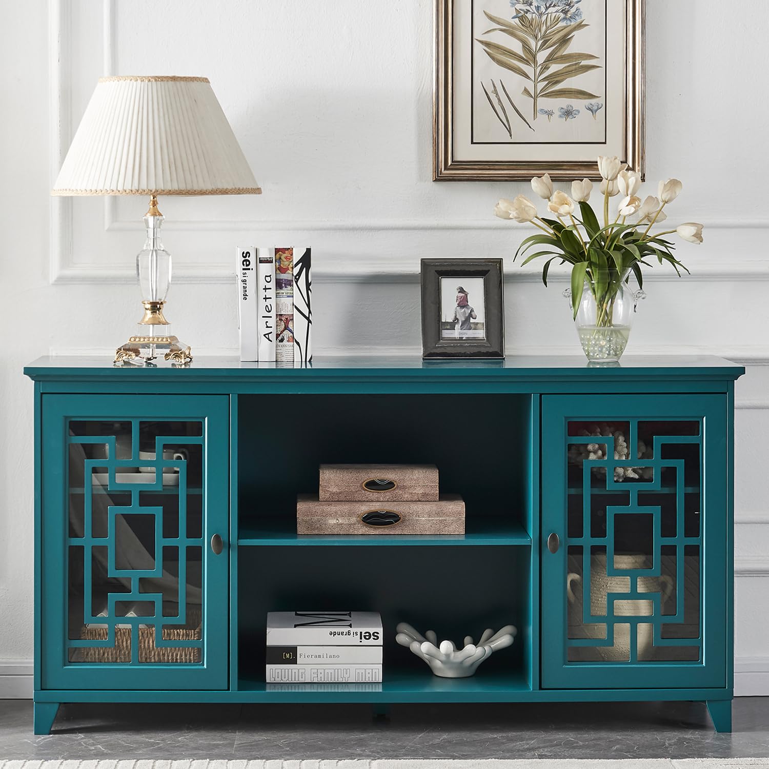 Mixcept 60” Sideboard Buffet Table Storage Cabinet Console Table with 2 Doors and Adjustable Shelves, Cupboard Kitchen Sideboard for Kitchen Dining Room, Teal