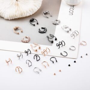 REVOLIA 24Pcs Faux Nose Ring Fake Septum Piercing Nose Cuff Fake Septum Ring Faux Lip Ear Ring Clip On Non Piercing Set B