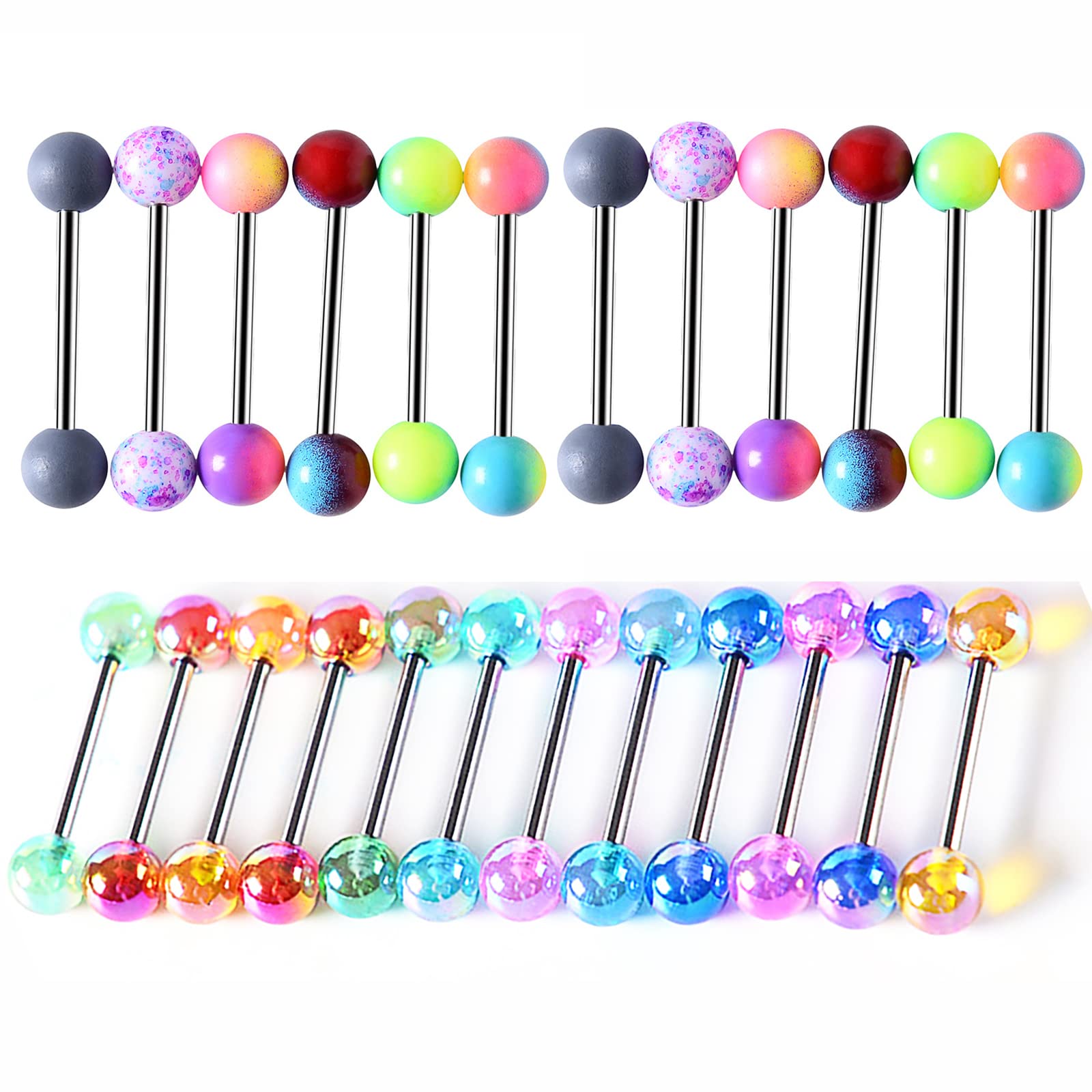 Riuziyi 24Pcs Tongue Rings for Women Candy Color Ball Tongue Nipple Piercing 14G Surgical Steel Barbell Tongue Retainer Body Jewelry Bar Length 16mm (Style2-24Pack)