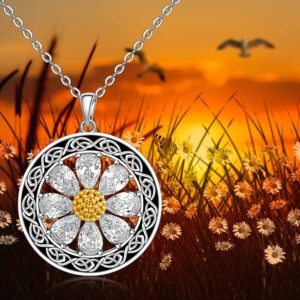 Talonior Daisy Necklace for Women Sterling Silver Celtic Knot Birth Flower Sunflower Necklace Pendant Cubic Zirconia Sunshine Daisy Jewelry Gifts