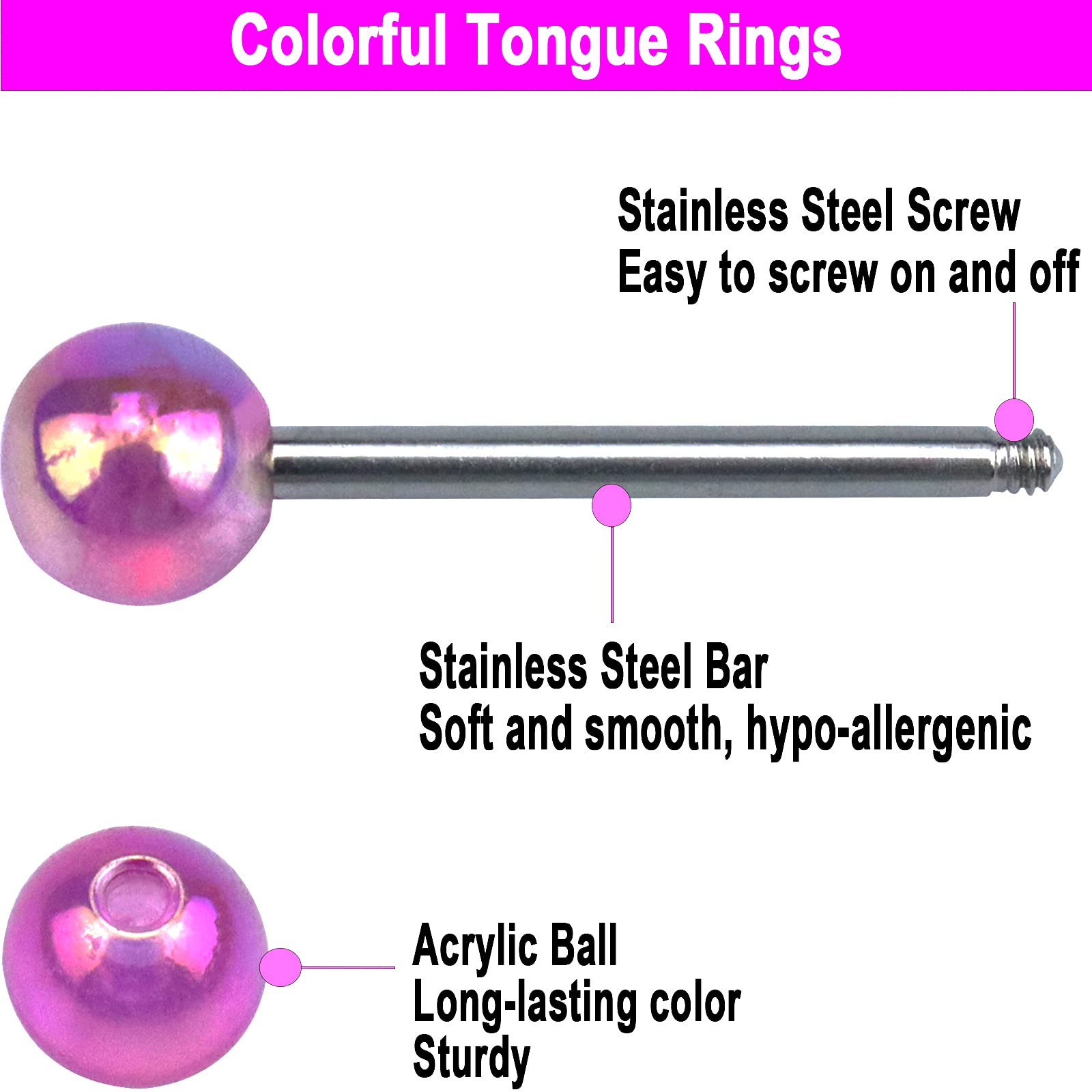 Riuziyi 24Pcs Tongue Rings for Women Candy Color Ball Tongue Nipple Piercing 14G Surgical Steel Barbell Tongue Retainer Body Jewelry Bar Length 16mm (Style2-24Pack)