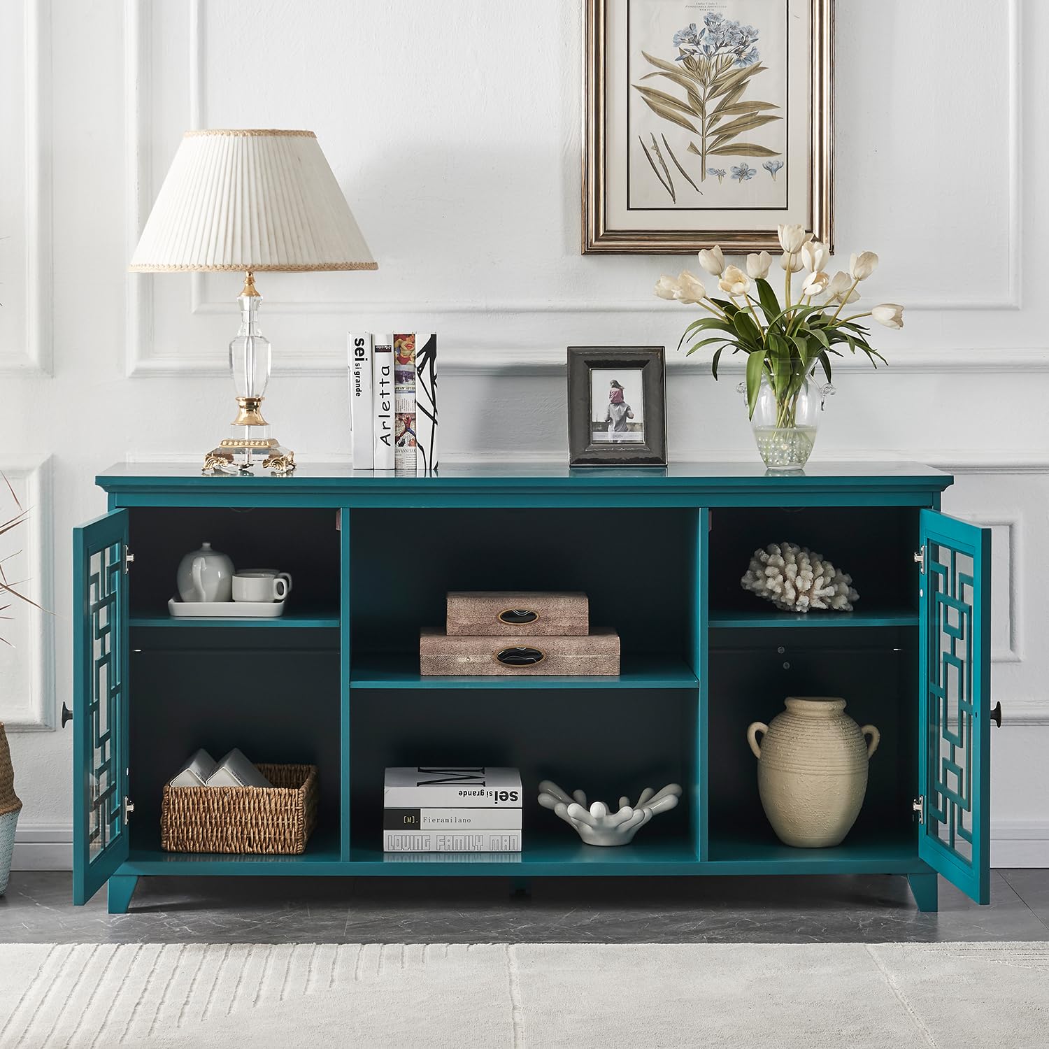 Mixcept 60” Sideboard Buffet Table Storage Cabinet Console Table with 2 Doors and Adjustable Shelves, Cupboard Kitchen Sideboard for Kitchen Dining Room, Teal