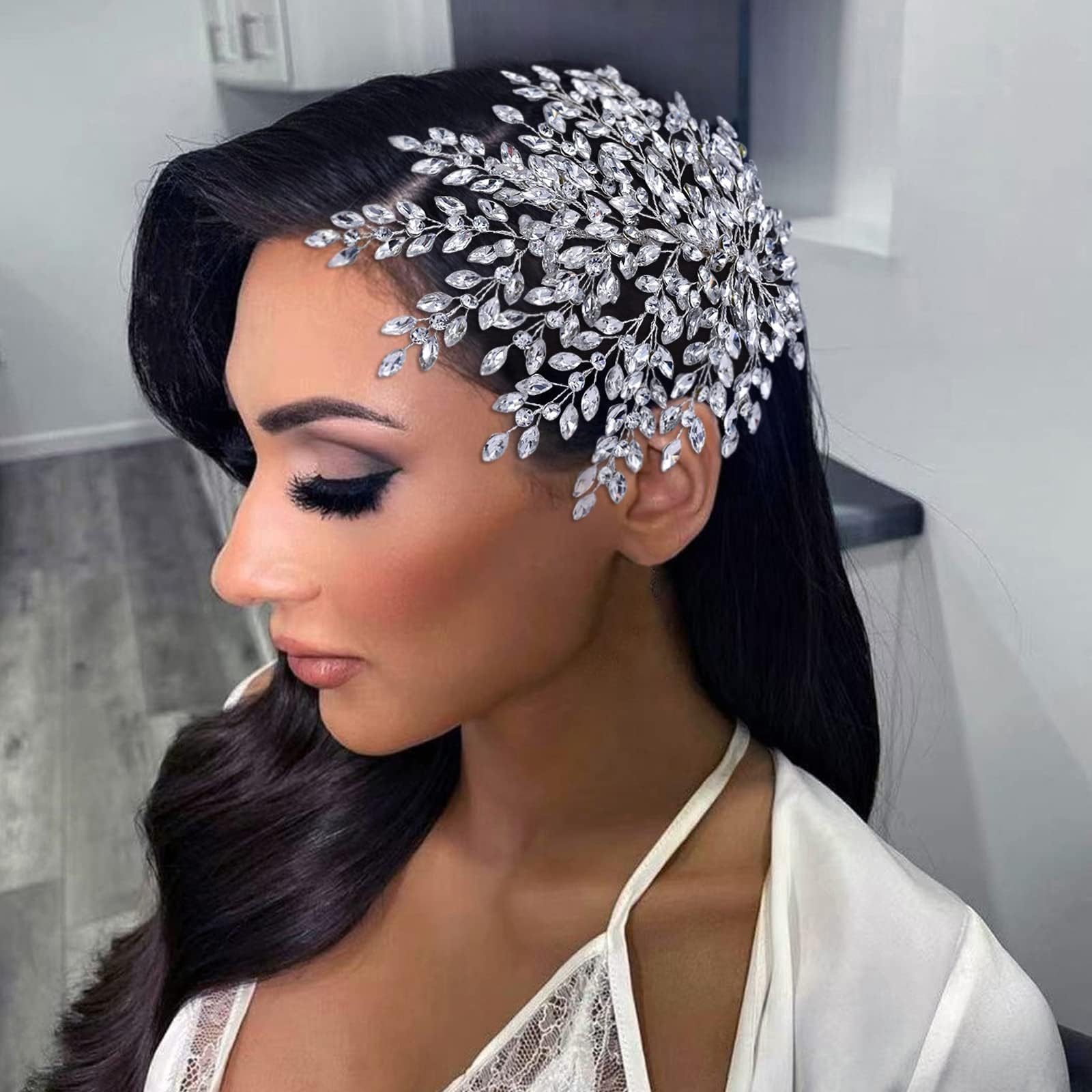 AMORARSI Wedding Rhinestone Hair Piece Leaf Bride Side Headpieces Crystal Hair Accessories for Brides and Bridesmaids (Silver)