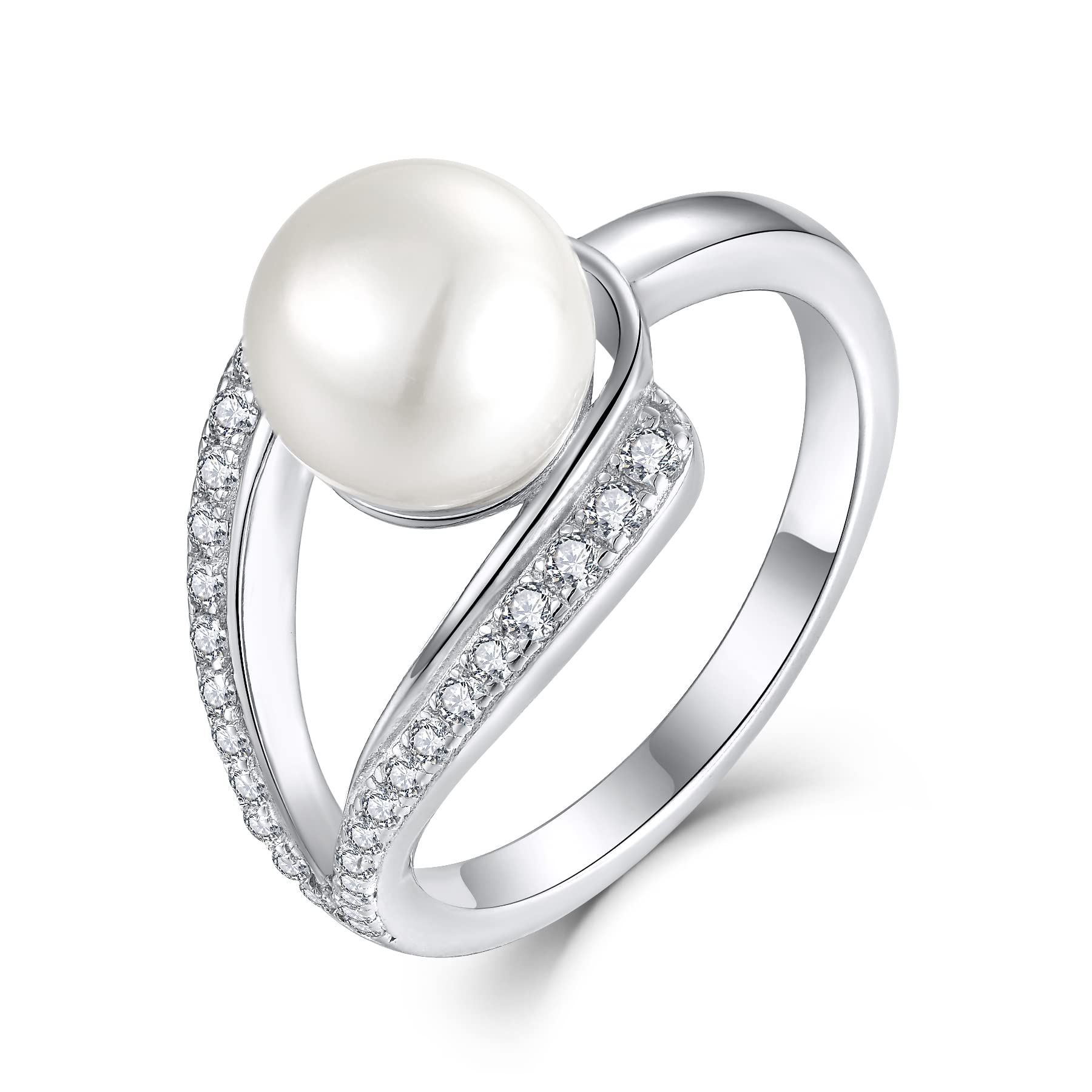 STARCHENIE Pearl Ring for Women,9mm Cultured Freshwater Pearl Cubic Zirconia Ring Sterling Silver size8