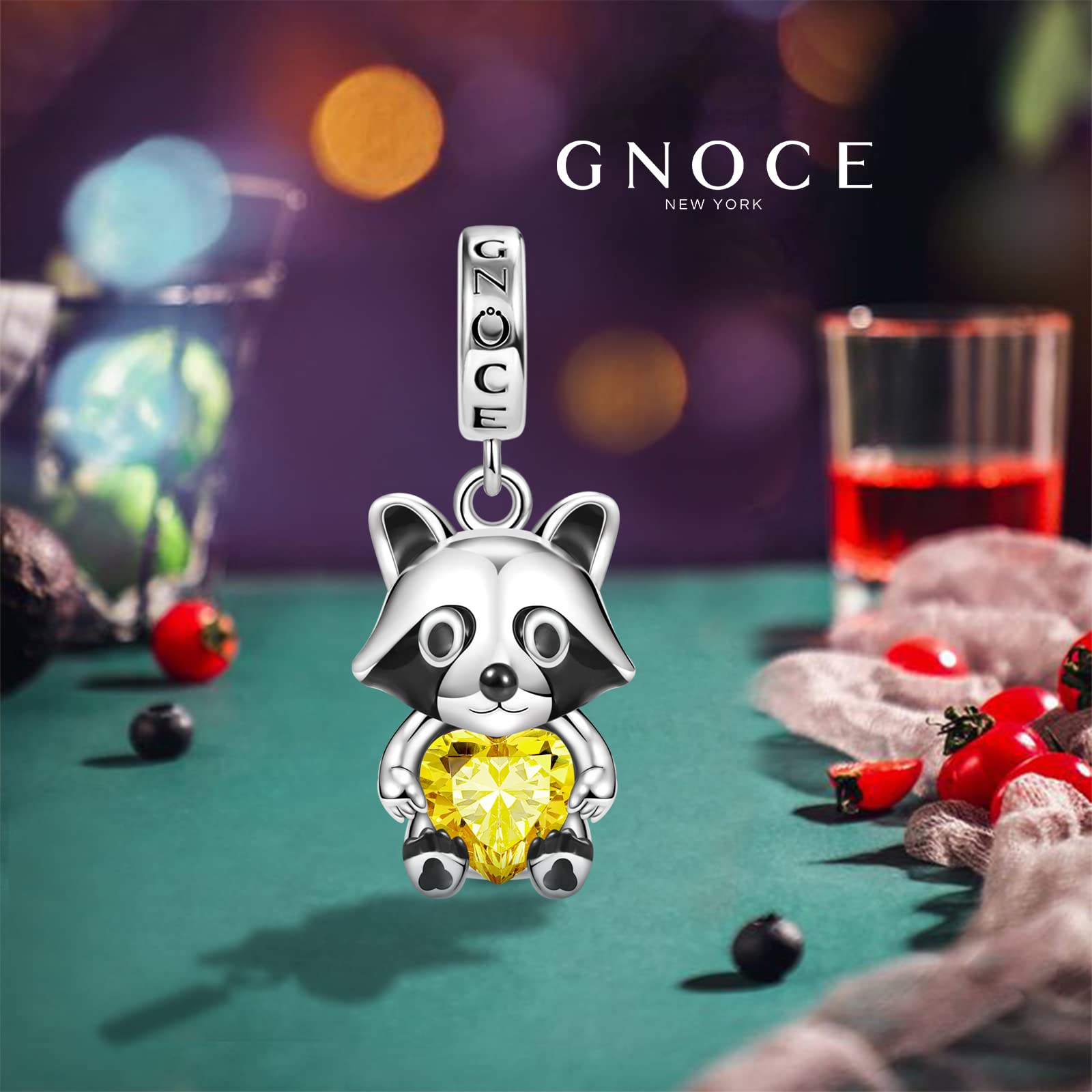 GNOCE Cute Rabbit Embraces Heart Charm Bead 925 Sterling Silver Raccoon Animal Charms Fit Bracelet/Necklace For Mother's Day Gift (Raccoon)