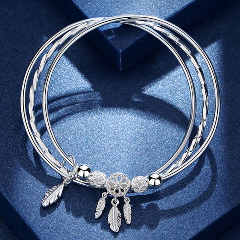 Luckilemon Silver Dream Catcher Tassel Feather Charm Bracelet Bangle Adjustable Mother's Day Jewelry Gift Birthday Christmas Gifts for Women Mom Wife Girls