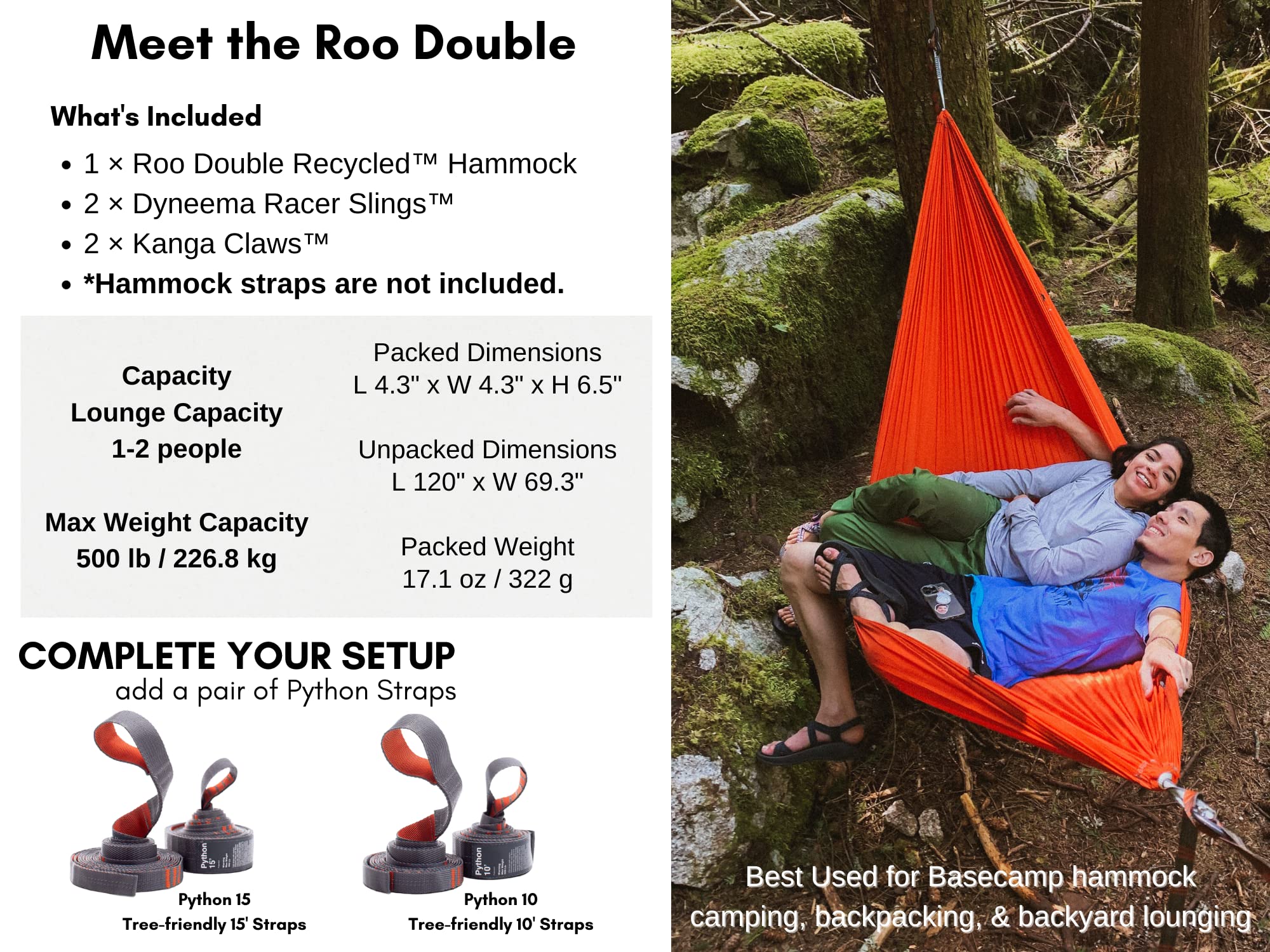 KAMMOK: Roo Double Hammock | Made from Strong & 100% Recycled Water Resistant Ripstop Fabric | Comfortable, Packable, Lightweight (Lifetime Adventure Grade Warranty), Midnight Blue