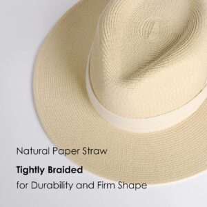 FURTALK Womens Mens Wide Brim Straw Panama Hat Fedora Summer Beach Sun Hat UPF Straw Hat for Women Beige-White