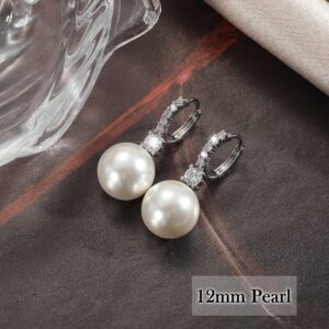 RITACH Pearl Earrings for Women 925 Sterling Silver White Gold Dangle Drop Earrings 5A Cubic Zirconia Pearl Drop Earrings Large Size 12mm (B-Pearl Drop)