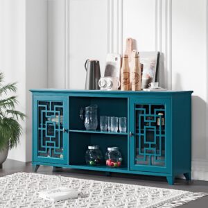 Mixcept 60” Sideboard Buffet Table Storage Cabinet Console Table with 2 Doors and Adjustable Shelves, Cupboard Kitchen Sideboard for Kitchen Dining Room, Teal