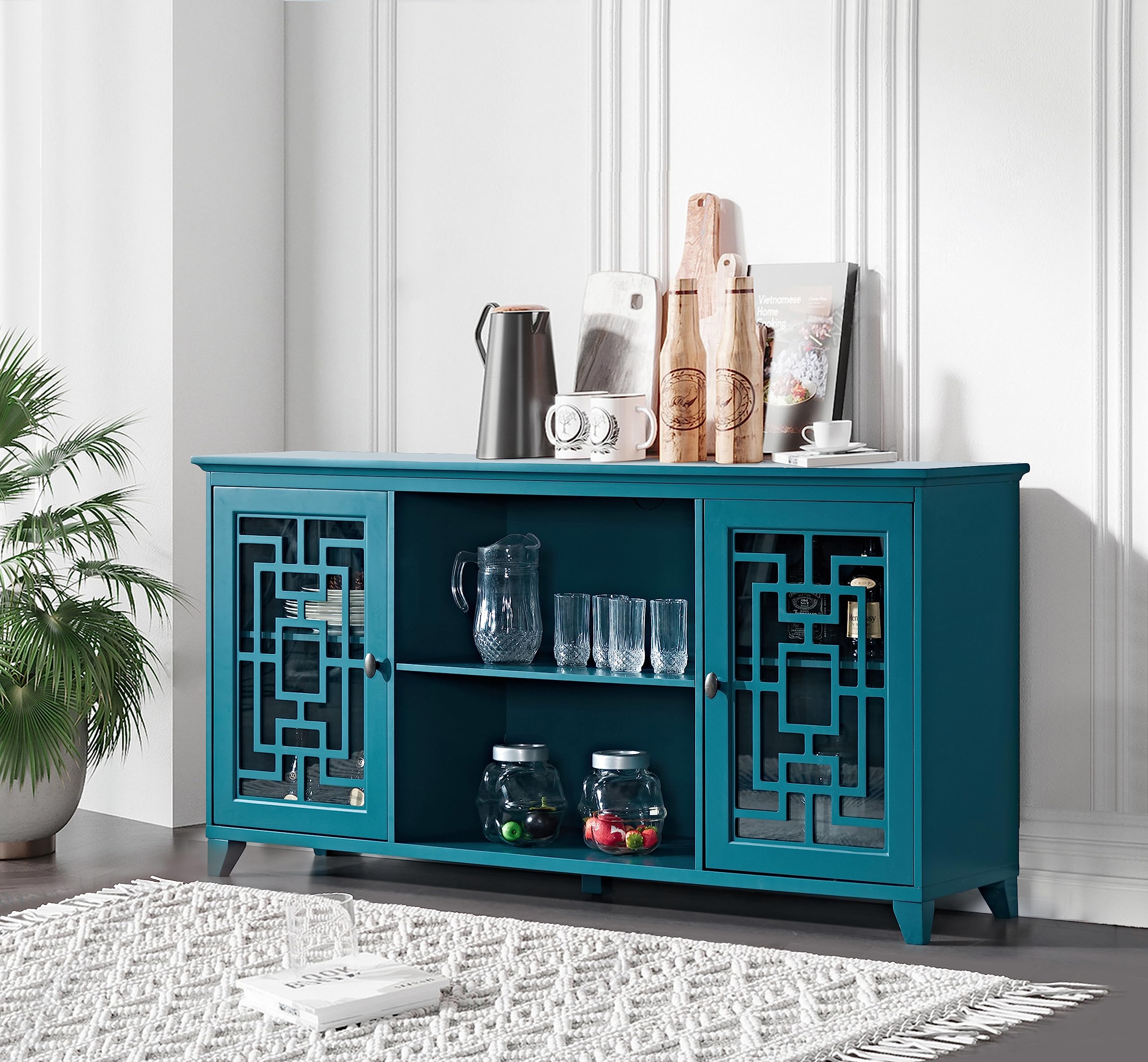 Mixcept 60” Sideboard Buffet Table Storage Cabinet Console Table with 2 Doors and Adjustable Shelves, Cupboard Kitchen Sideboard for Kitchen Dining Room, Teal