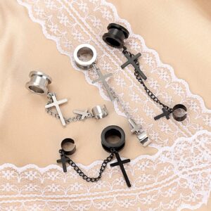 Longbeauty 2 Pairs Surgical Steel Dangle Cross Ear Tunnels Fashion Ear Gauges Plugs Expander Stretchers Piercings Black & Silver 1/2"