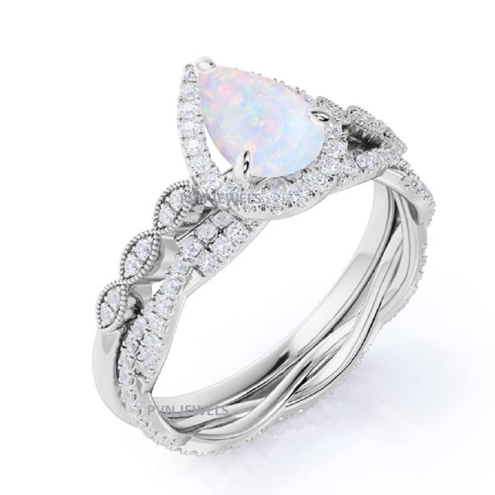 Halo Art Deco Pear Shaped Opal Halo Wedding Engagement Bridal Set Ring Band Solid 925 Sterling Silver 7