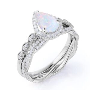 Halo Art Deco Pear Shaped Opal Halo Wedding Engagement Bridal Set Ring Band Solid 925 Sterling Silver 5