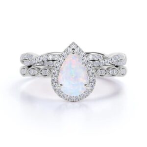 Halo Art Deco Pear Shaped Opal Halo Wedding Engagement Bridal Set Ring Band Solid 925 Sterling Silver 7