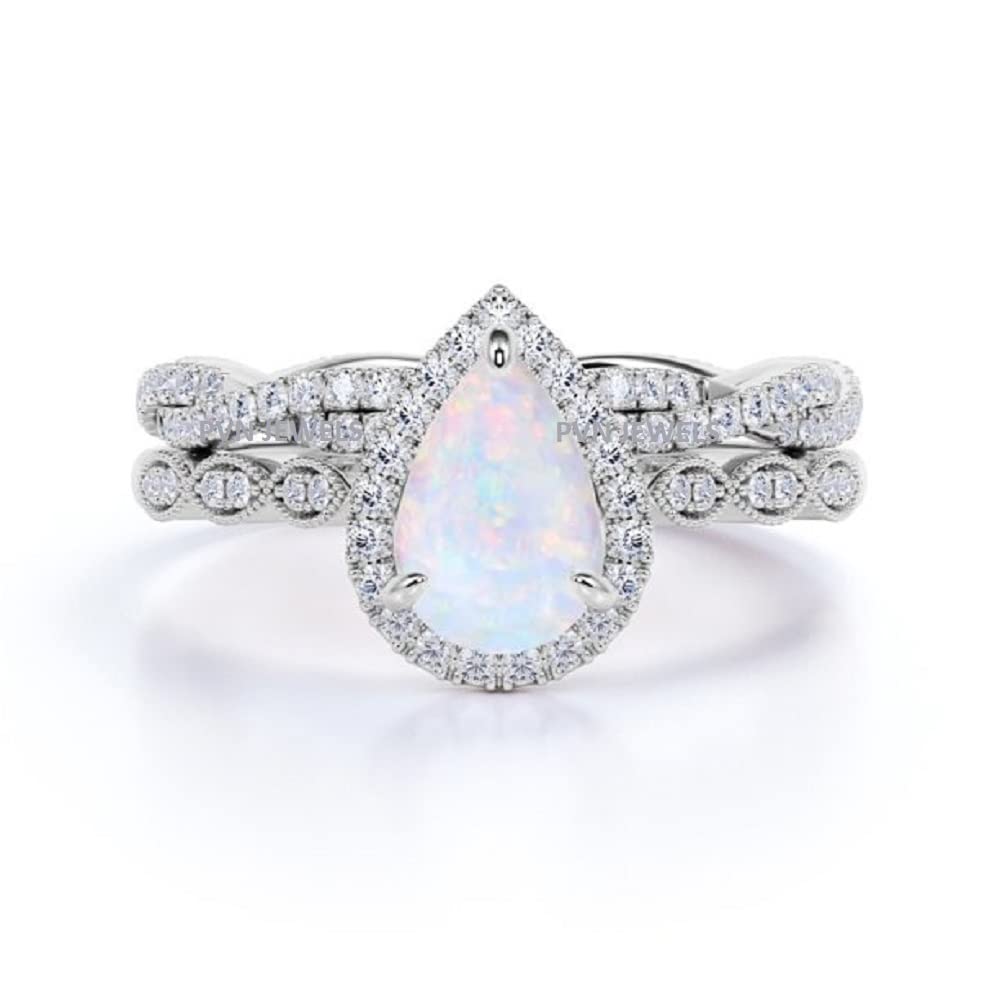 Halo Art Deco Pear Shaped Opal Halo Wedding Engagement Bridal Set Ring Band Solid 925 Sterling Silver 7