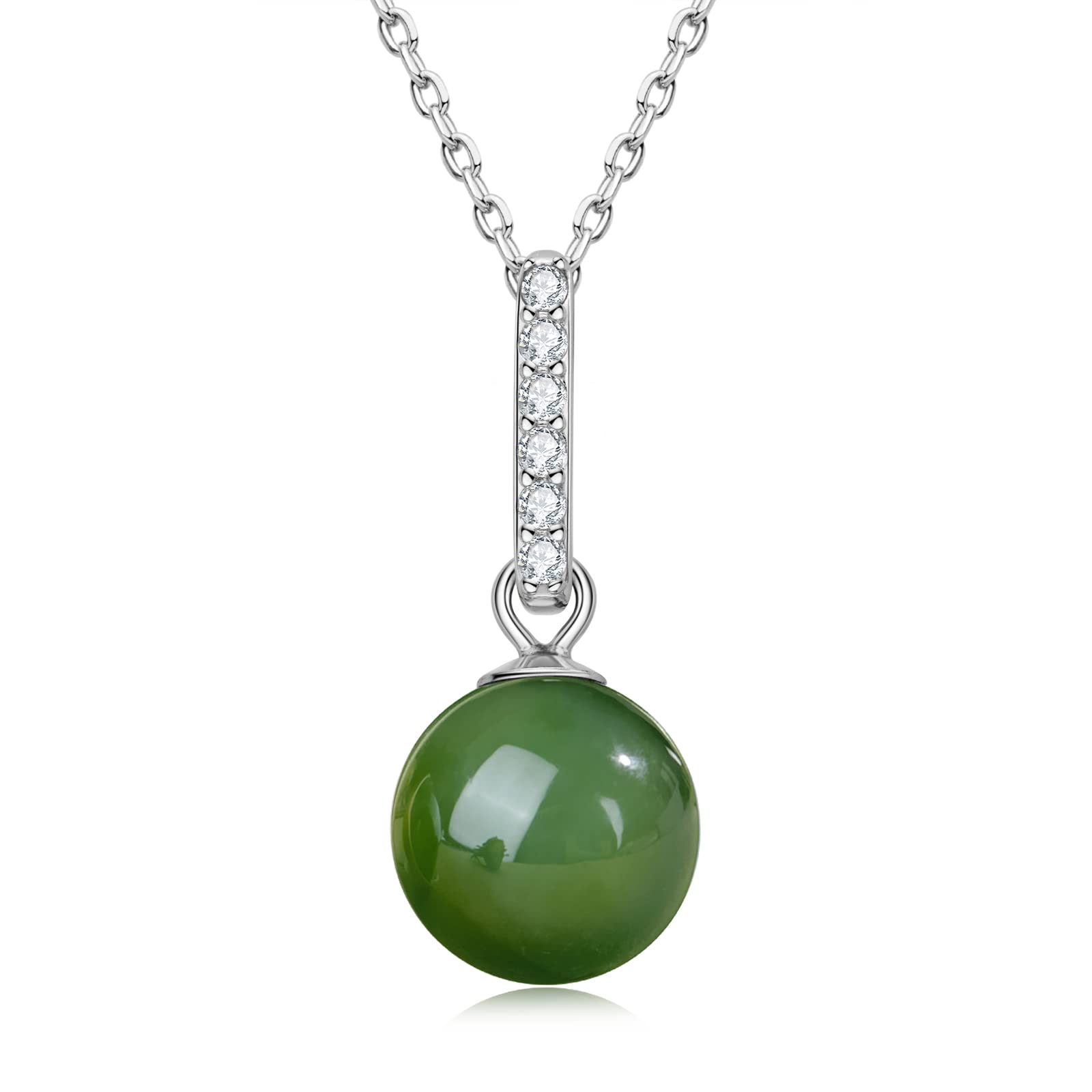 DENGGUANG Jade Necklace for Women,Sterling Silver Natural Real Green Round Jade Hypoallergenic CZ Pendant Necklace Christmas Jewelry Gifts for Wife Mom (Size:12mm)