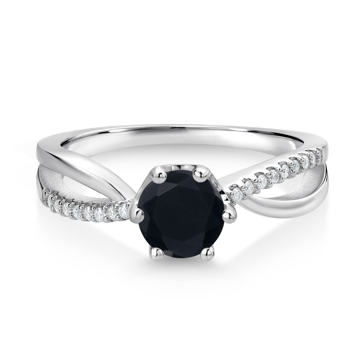 Gem Stone King 925 Sterling Silver Round Onyx and White Moissanite Ring For Women (0.88 Cttw, Gemstone Birthstone, Available In Size 5, 6, 7, 8, 9)