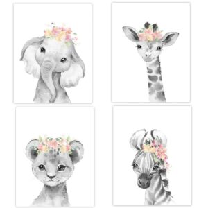 Baby Girl Nursery Wall Art Pink Floral Safari Animals Elephant Giraffe Lion Zebra Room Decor 4 UNFRAMED PRINTS