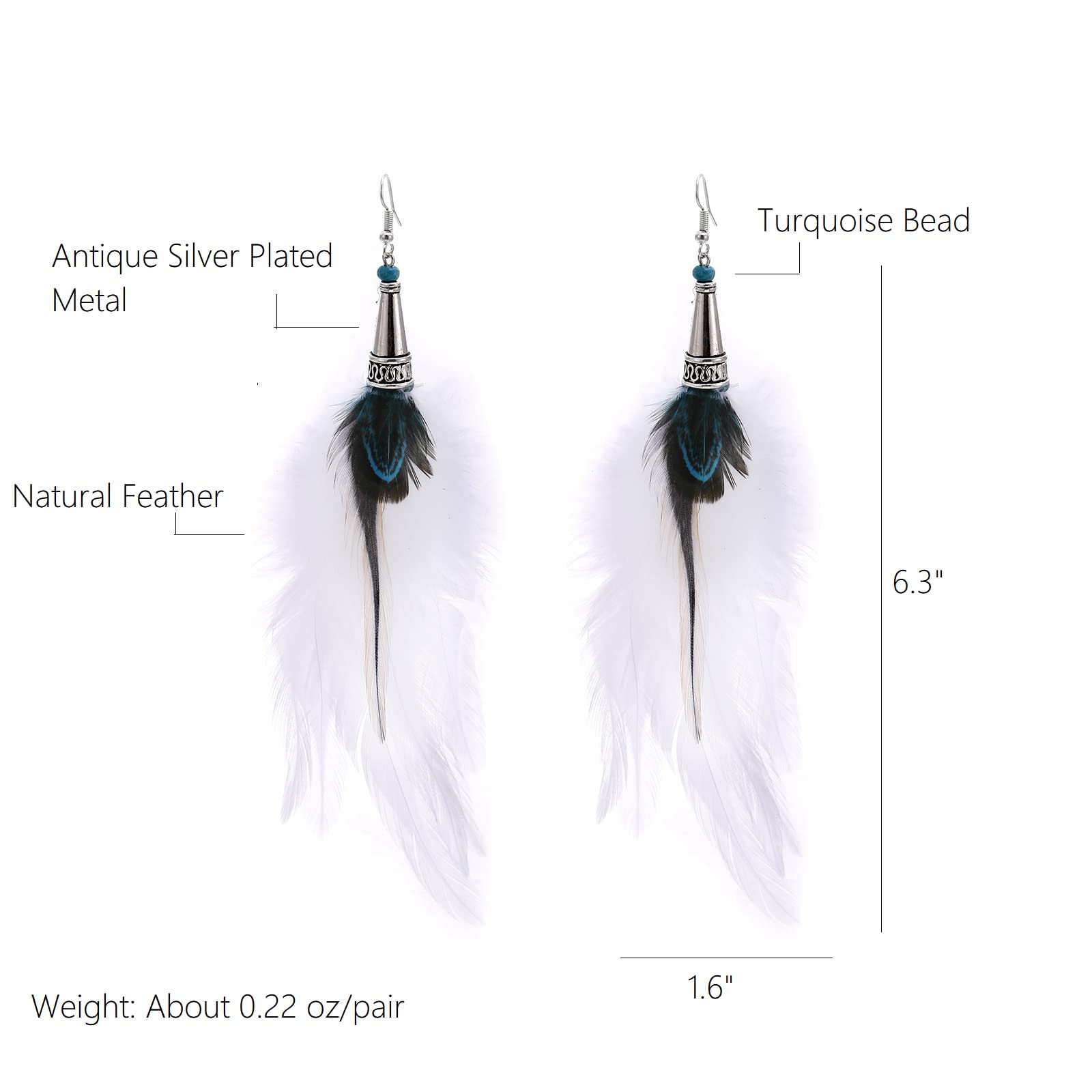 RUOFFETA Zinc Long Feather Earring, Handmade Boho Bohemian Multicolor Tassel Feather Earrings for Women, Style B