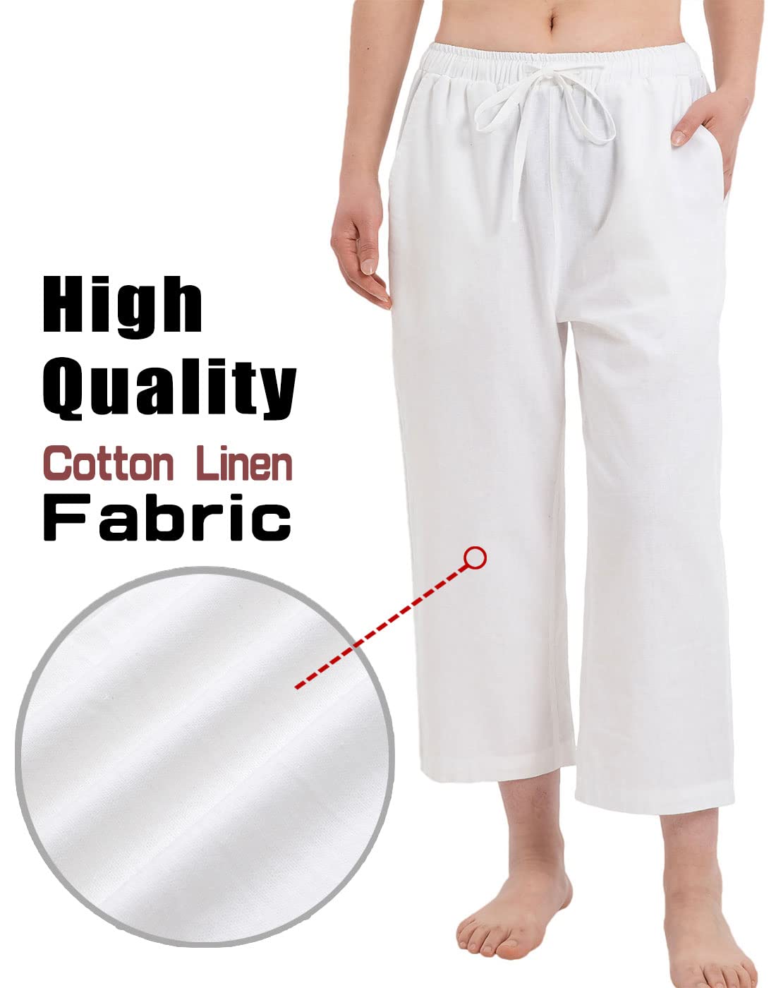 Bonnorth Women's Linen Beach Capri Pants Womens Lounge Loose Running Pants for Women Wide Leg Plus Size Casual Pants for Women Yoga Golf Lightweight Pants White L