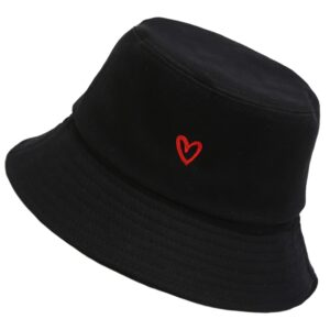 Heart Embroidery Bucket Hat 100% Cotton Smile Beach Hats Summer Travel Sun Hat Outdoor Cap (Heart Black)