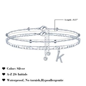 Ursteel Ankle Bracelets for Women, Silver Anklets for Women Dainty Layered Chain Letter K Initial Anklet for Women Ankle Bracelet Summer Foot Jewelry Gifts for Women