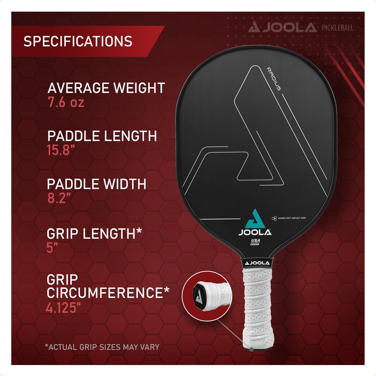 JOOLA Radius Pro Pickleball Paddle with Textured Carbon Grip Surface - Creates More Spin and Maximum Control - Largest Sweetspot - 16mm Pickleball Racket with Response Polypropylene Honeycomb Core