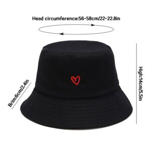 Heart Embroidery Bucket Hat 100% Cotton Smile Beach Hats Summer Travel Sun Hat Outdoor Cap (Heart Black)