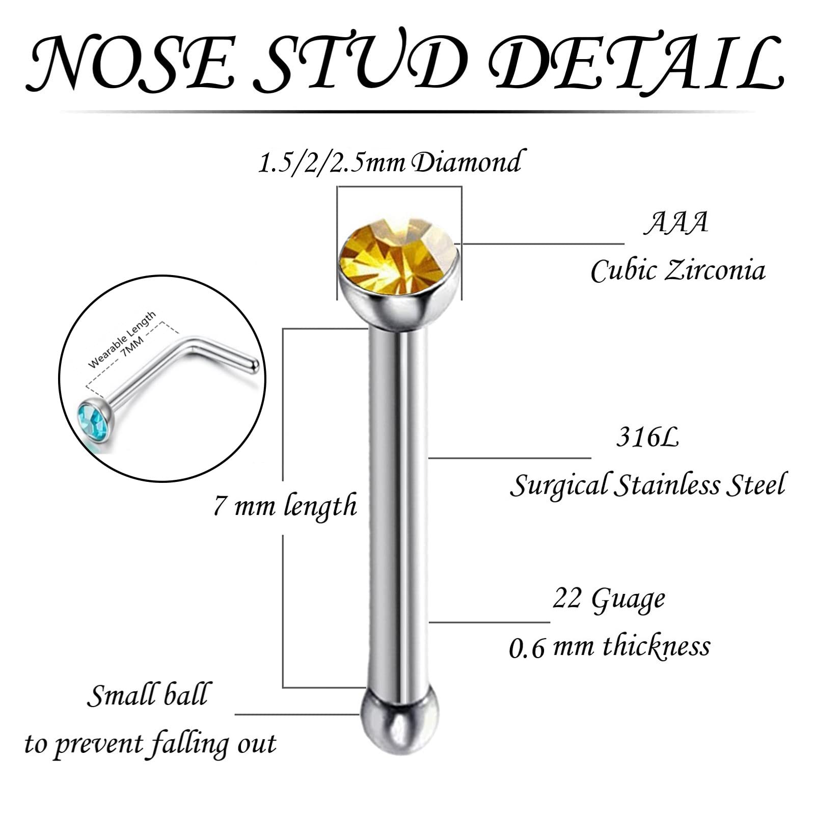 ijuerybai Cute Nose Rings for Women, Surgical Stainless Steel Nose Studs Women Men 20g Small Nose Rings Bone Studs, Hypoallergenic Real Nose Piercings Body Jewelry Bulk Unique Tiny - Straight/Mix