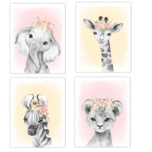 Baby Girl Nursery Wall Art Pink Floral Safari Animals Elephant Giraffe Lion Zebra Room Decor 4 UNFRAMED PRINTS