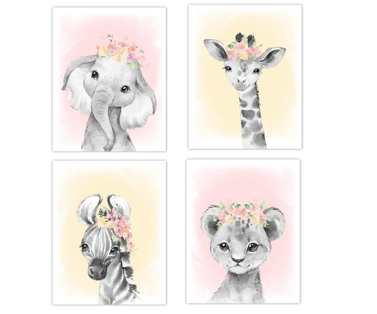 Baby Girl Nursery Wall Art Pink Floral Safari Animals Elephant Giraffe Lion Zebra Room Decor 4 UNFRAMED PRINTS