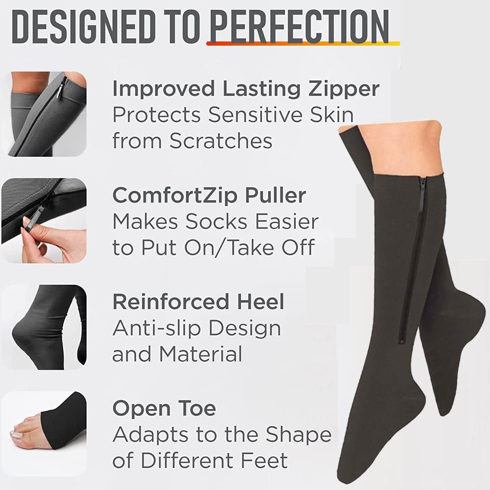 EWRGGR Zipper Socks 19 mmhg, 2 Pair Zip Compression Socks Closed Toe with Zipper Stocking Wide Calf Knee Length Easy on