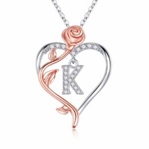 Iefil Necklaces Gifts for Women Her - 925 Sterling Silver Rose Heart Initial K Letter Pendant Necklace Christmas Mothers Day Valentines Jewelry Gifts for Her Mom Wife Girlfriend Anniversary Birthday