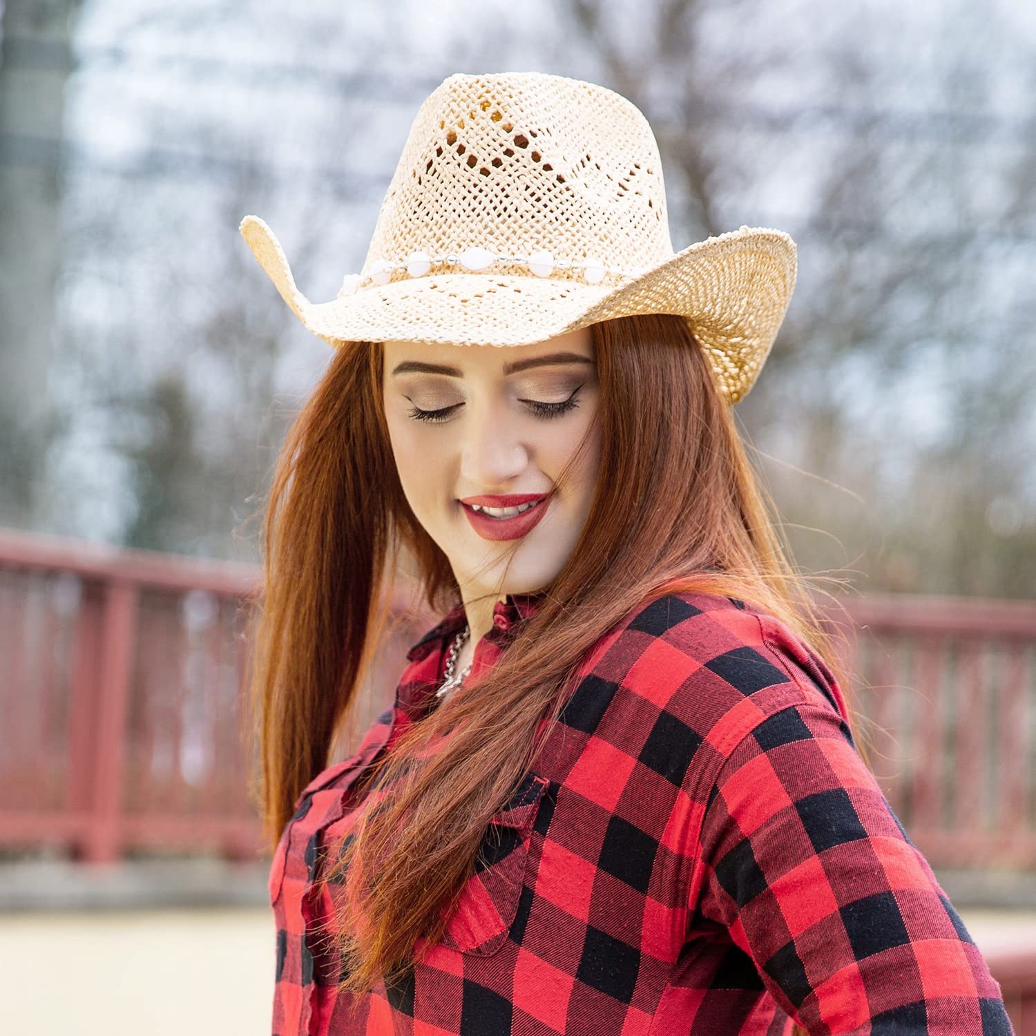 TOVOSO Western Cowgirl, Straw Cowboy Hat for Women with Shapeable Brim, Beaded Hearts Trim, Beige