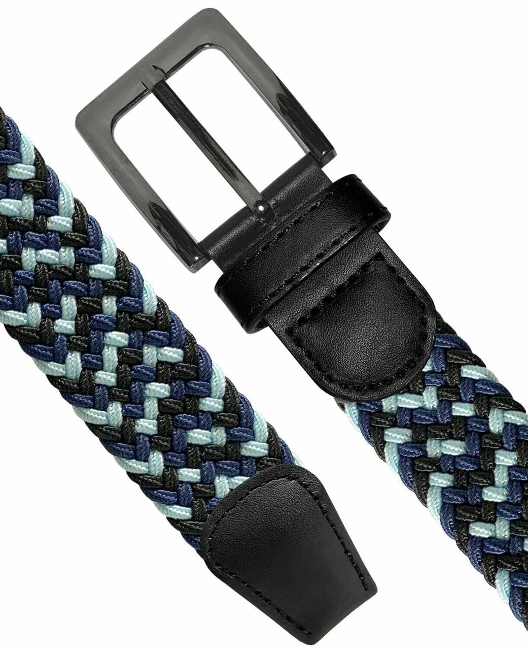 Braided Elastic Stretch Belt Casual Weave Canvas Fabric Woven Belt 1-3/8" Wide, 2 Count (Black/Blue/Navy- Black/Gray/White, L)