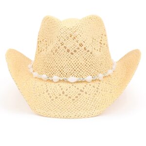 TOVOSO Western Cowgirl, Straw Cowboy Hat for Women with Shapeable Brim, Beaded Hearts Trim, Beige