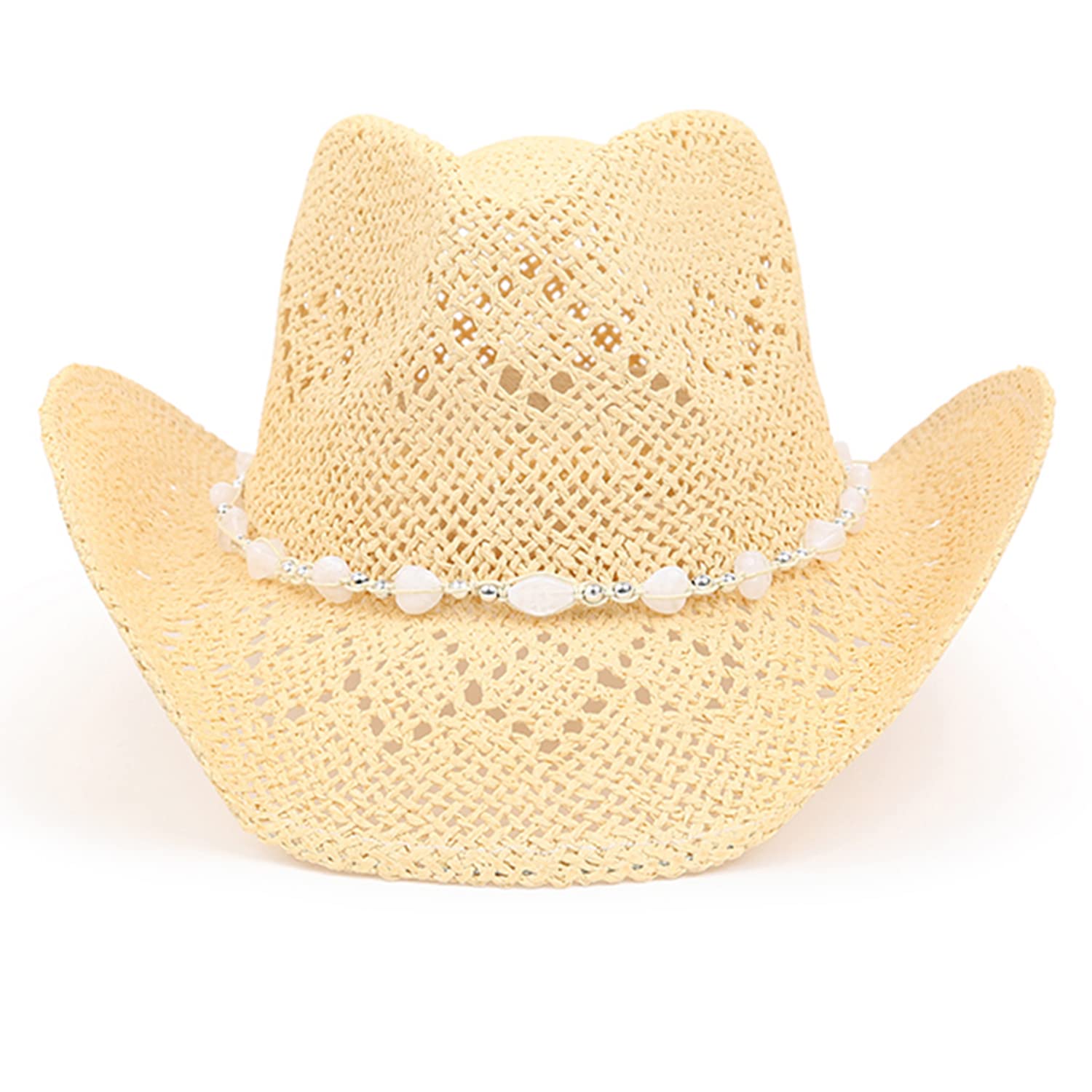 TOVOSO Western Cowgirl, Straw Cowboy Hat for Women with Shapeable Brim, Beaded Hearts Trim, Beige