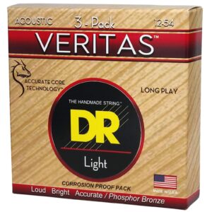 DR Strings Veritas Coated Core Technology Acoustic Guitar Strings, Light 12-54, 3-Pack (VTA-12-3PK)