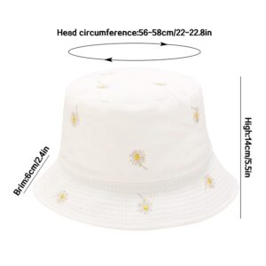 Flower Bucket Hat Daisy Embroidery Reversible Hats Packable Summer Travel Beach Sun Hat Outdoor Cap (White/White)