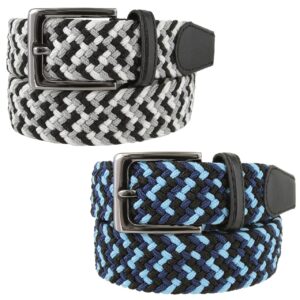 braided elastic stretch belt casual weave canvas fabric woven belt 1-3/8" wide, 2 count (black/blue/navy- black/gray/white, l)