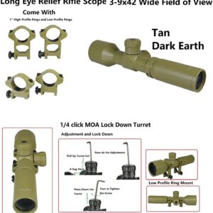 DB TAC INC Tan Color 3-9x42 Wide Angle Long Eye Relief Scout Scope with Extra Low Profile Weaver Scope Rings, Tan Dark Earth Anodized