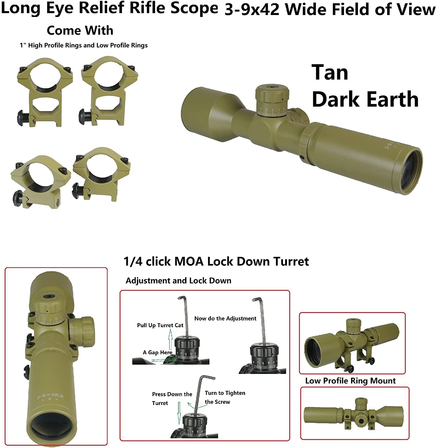 DB TAC INC Tan Color 3-9x42 Wide Angle Long Eye Relief Scout Scope with Extra Low Profile Weaver Scope Rings, Tan Dark Earth Anodized