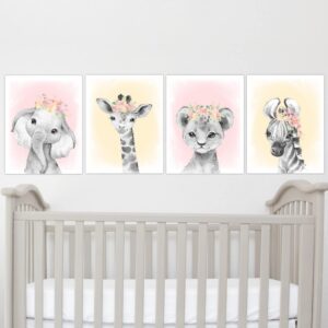 Baby Girl Nursery Wall Art Pink Floral Safari Animals Elephant Giraffe Lion Zebra Room Decor 4 UNFRAMED PRINTS