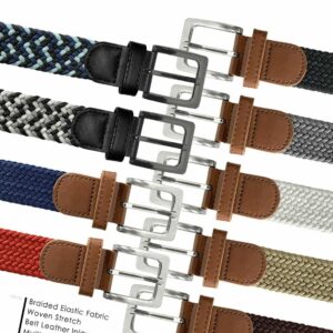 Braided Elastic Stretch Belt Casual Weave Canvas Fabric Woven Belt 1-3/8" Wide, 2 Count (Black/Blue/Navy- Black/Gray/White, L)