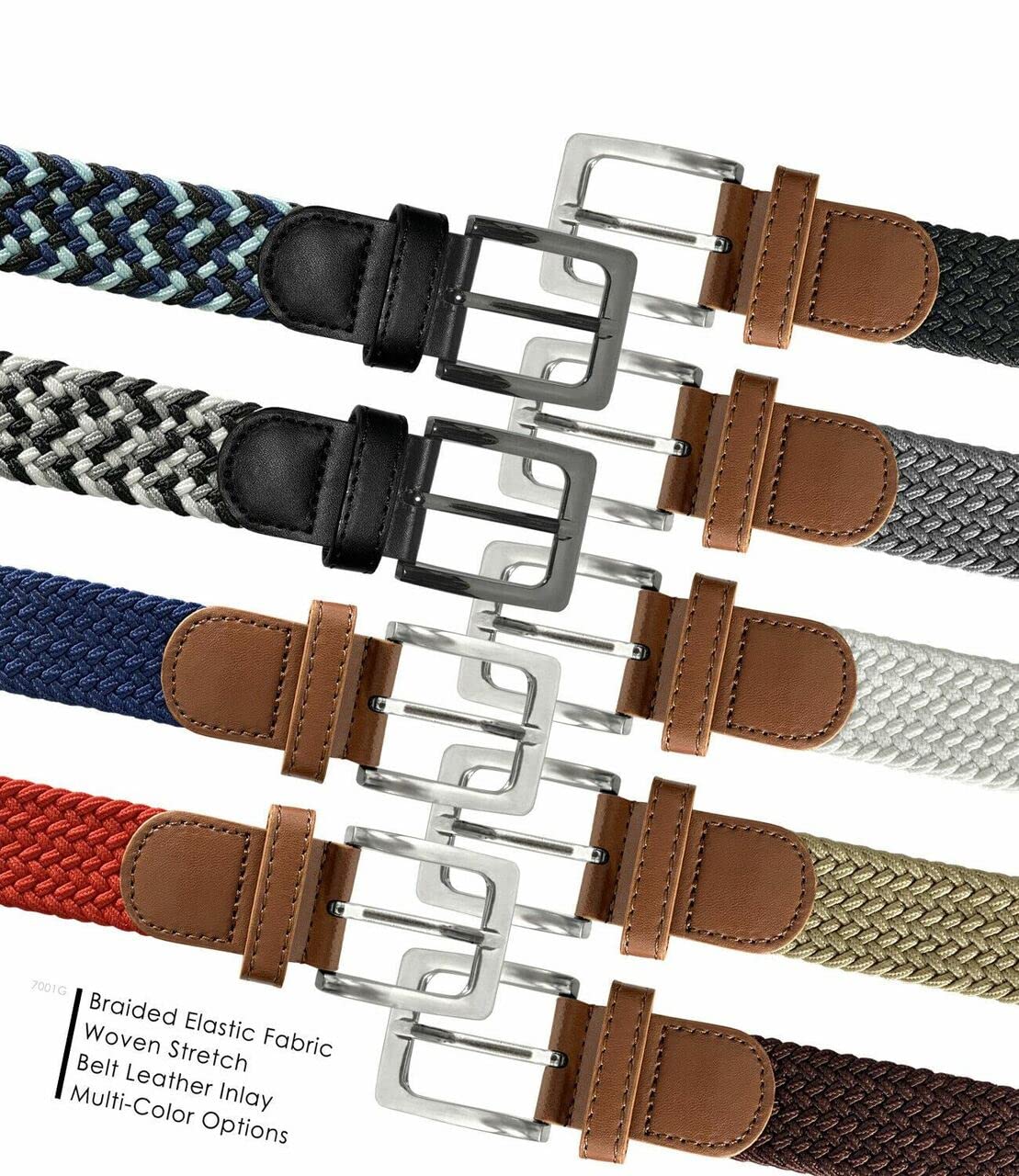 Braided Elastic Stretch Belt Casual Weave Canvas Fabric Woven Belt 1-3/8" Wide, 2 Count (Black/Blue/Navy- Black/Gray/White, L)