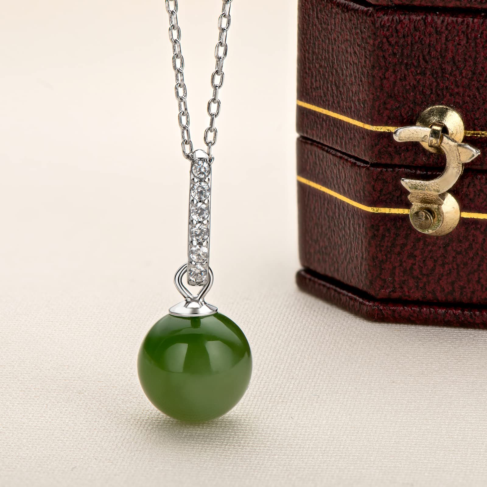 DENGGUANG Jade Necklace for Women,Sterling Silver Natural Real Green Round Jade Hypoallergenic CZ Pendant Necklace Christmas Jewelry Gifts for Wife Mom (Size:12mm)