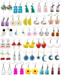 casdan 30 pairs weird earrings funny earrings gummy bear duck water bottle fish dinosaur mushroom butterfly strawberry dangle earrings set for women