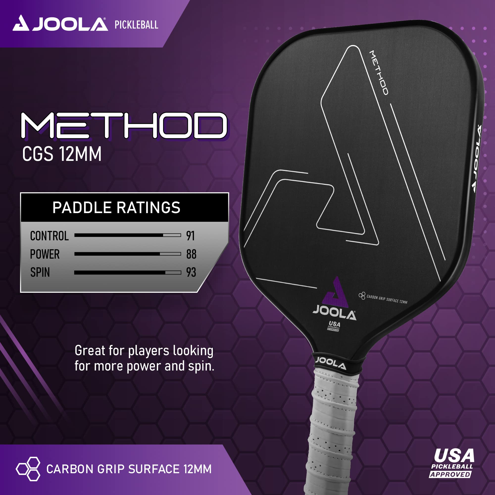 JOOLA Method Pickleball Paddle with Smooth or Textured Carbon Grip Surface Technology for Maximum Spin and Control - Polypropylene Honeycomb Core Pickleball Racket Available in 12mm and 14mm